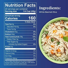 Nutrition facts and ingredients for white basmati rice with serving bowl