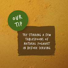 Tikka masala pouch tip panel suggesting stirring natural yogurt before serving