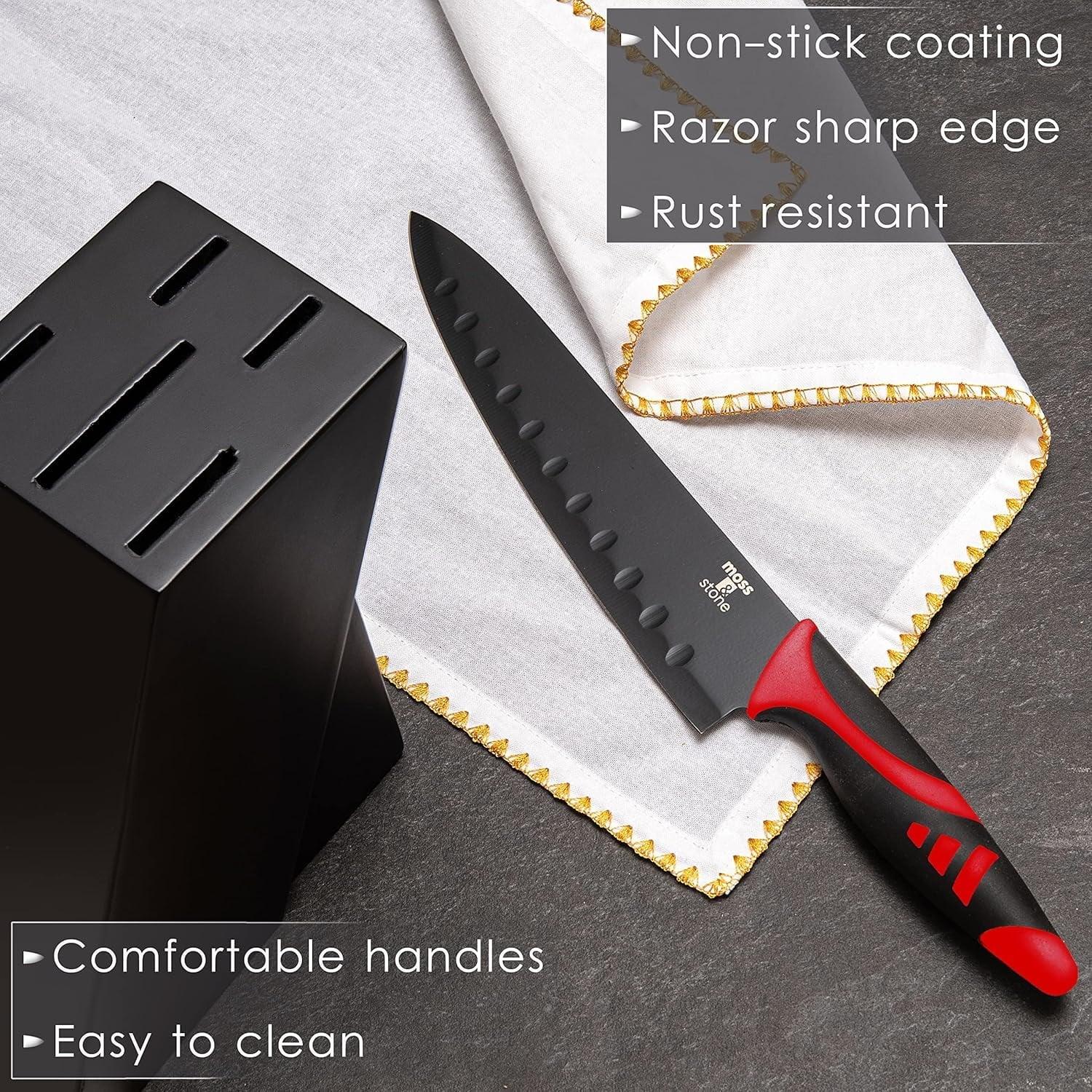 Moss & Stone Professional Kitchen Knife Chef Set, Small Knife Set With Block, Black Titanium Plated Kitchen Knife Set, Stainless Steel Scratch Resistant & Rust Proof Sharp Kitchen Knives. - USA MEGA SHOP