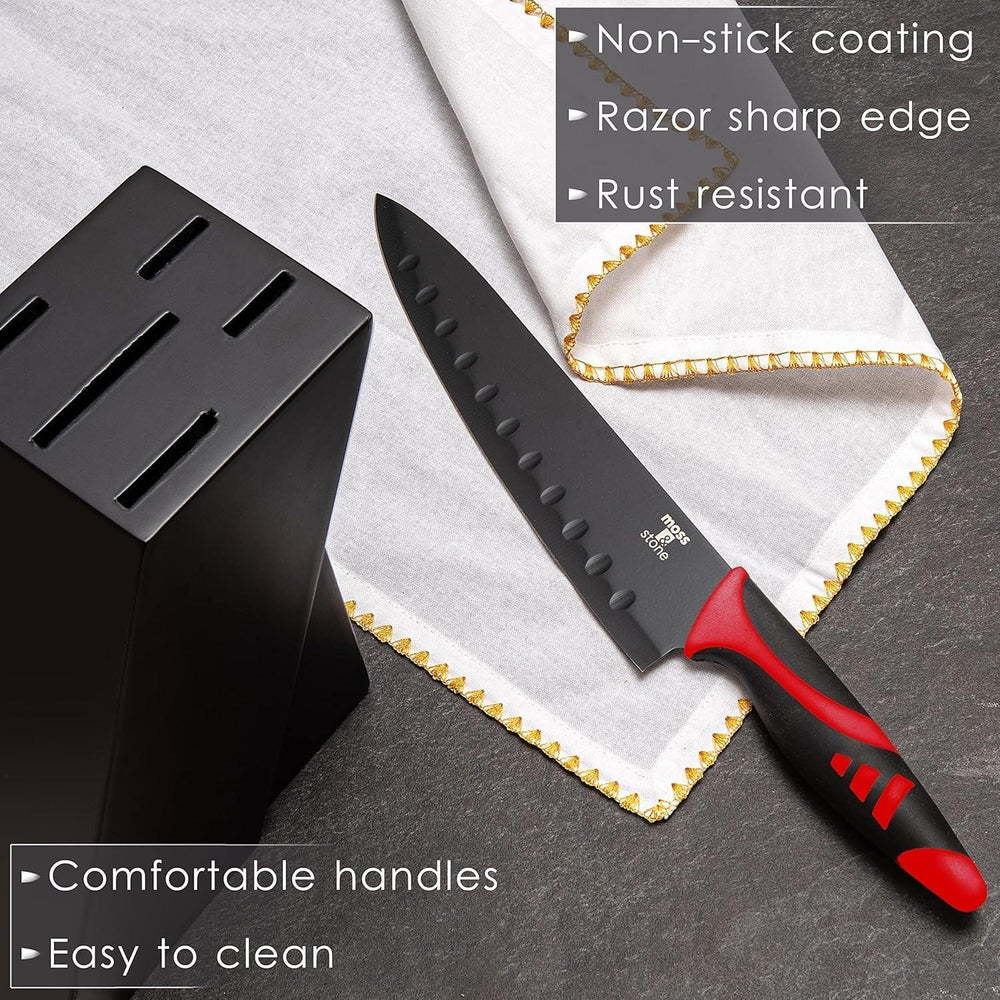 Moss & Stone Professional Kitchen Knife Chef Set, Small Knife Set With Block, Black Titanium Plated Kitchen Knife Set, Stainless Steel Scratch Resistant & Rust Proof Sharp Kitchen Knives. - USA MEGA SHOP