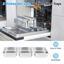 Three stainless steel warming trays in a dishwasher rack, detachable inserts