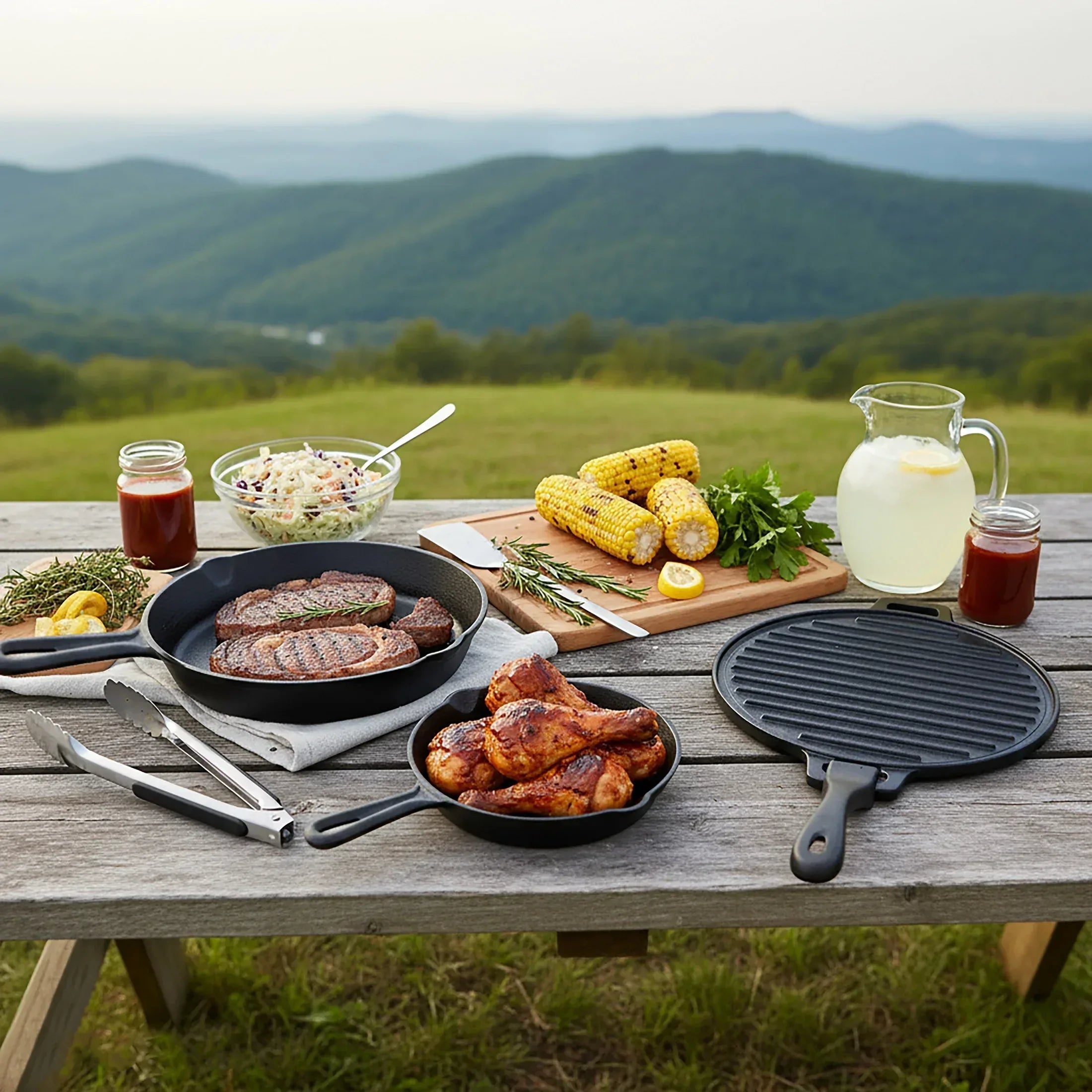 Ozark Trail 4-Piece Cast Iron Skillet Set with Handles and Griddle, Pre-Seasoned, 6", 10.5", 11"