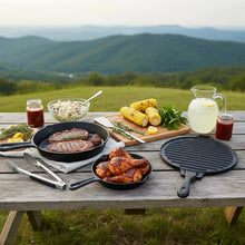 Cast iron cookware set with ridged griddle and skillet, pre-seasoned dark finish