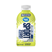 Sport Zero hydration beverage bottle, green label with "No added colors"