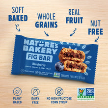Blueberry fig bar wrapper with icons for plant-based and dairy-free claims