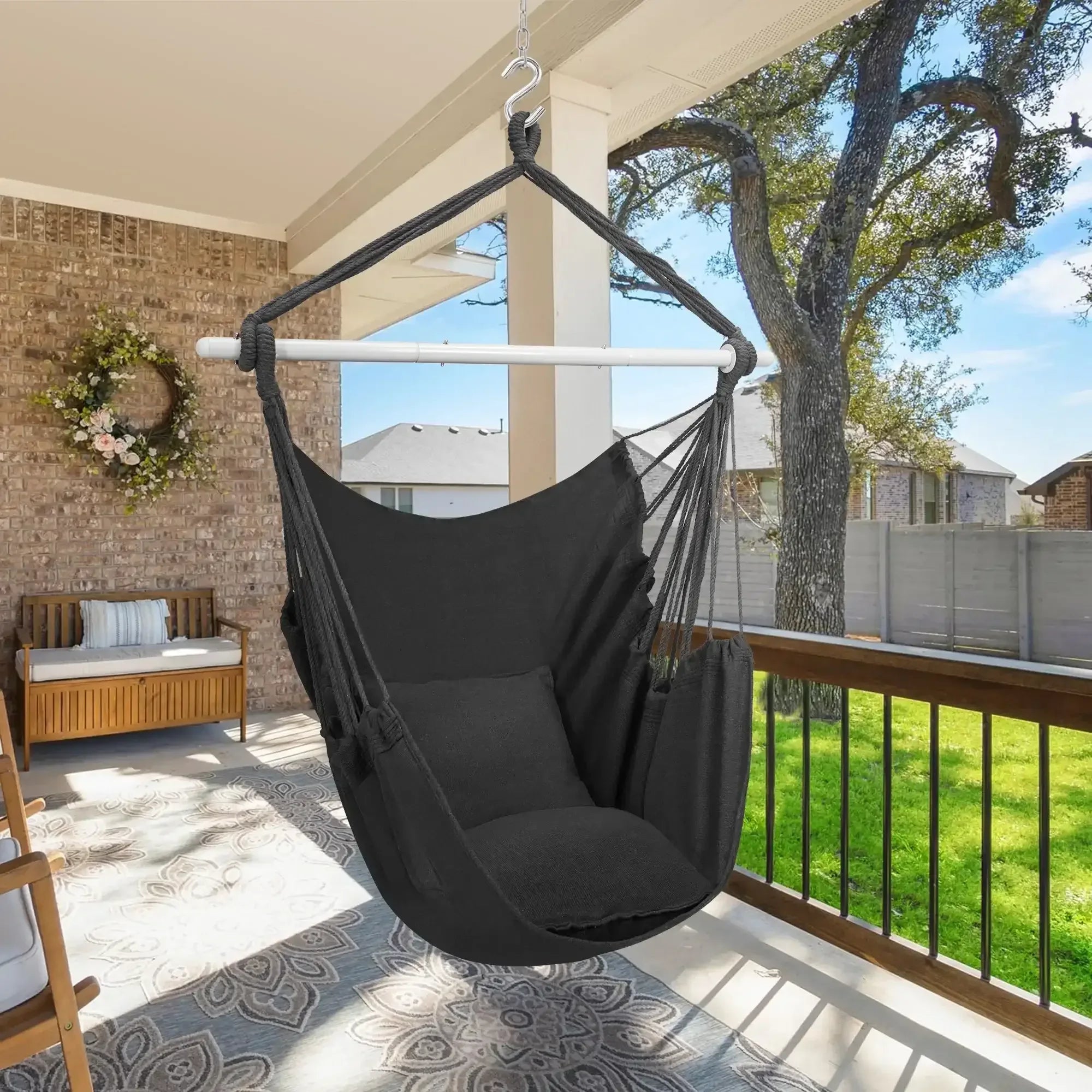 Large Hammock Chair Swing, Relax Hanging Rope Swing Chair with Detachable Metal Support Bar & Two Seat Cushions, Cotton Hammock Chair Swing Seat for Yard Bedroom Patio Porch Indoor Outdoor - USA MEGA SHOP