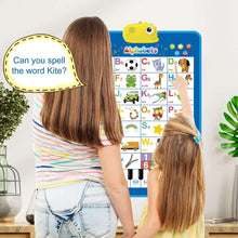 Child using an interactive alphabet wall chart with letters and numbers 1–10