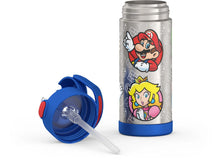 Stainless steel water bottle with straw, blue spout open, Mario character artwork