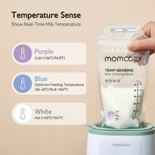 Momcozy temp-sensing milk storage bags and baby bottle warmer with temperature chart
