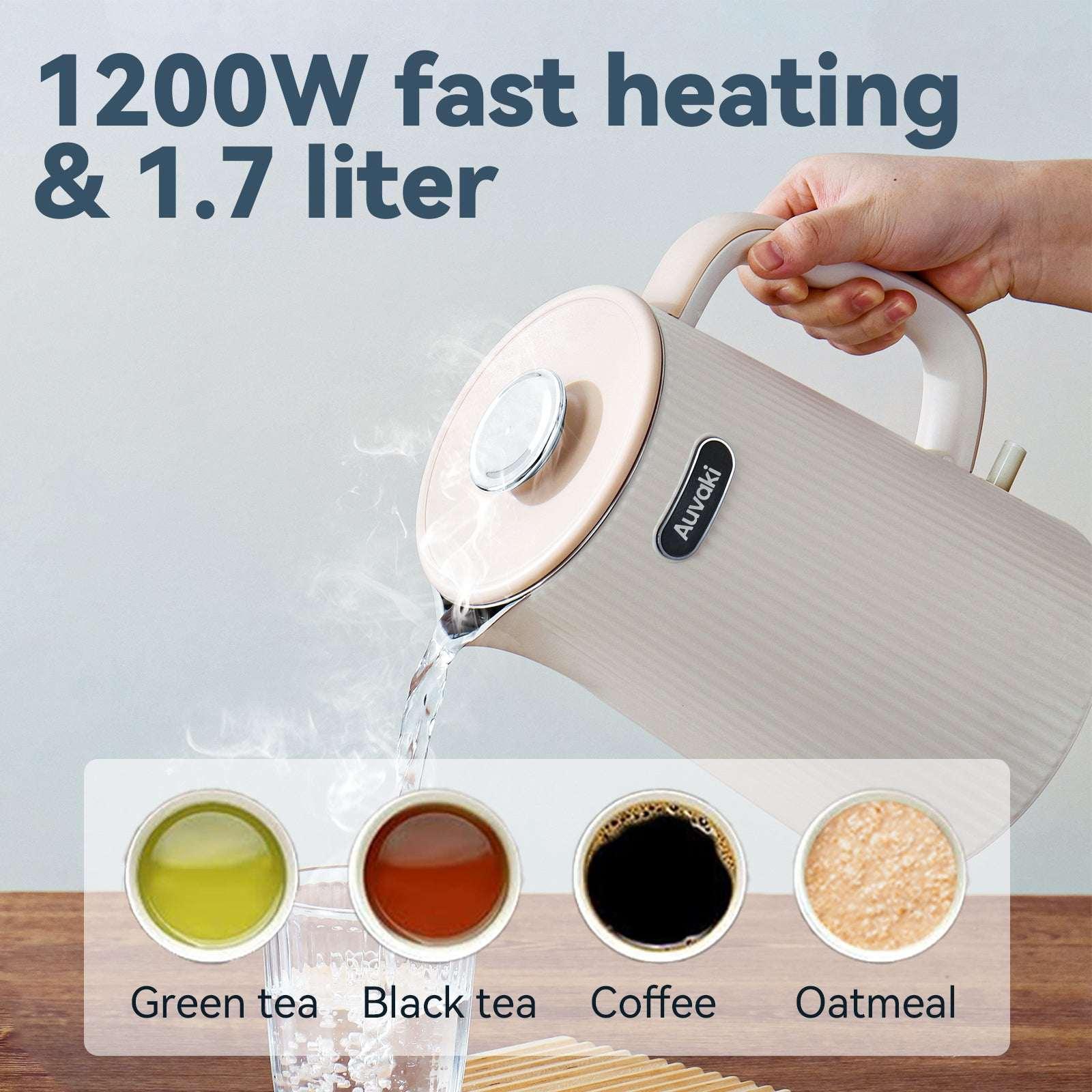 Auvaki 1.7L Electric Kettle, 1200W Stainless Steel Double Wall Water Boiler with Cool-Touch Handle & Auto Shut-off, Cream White