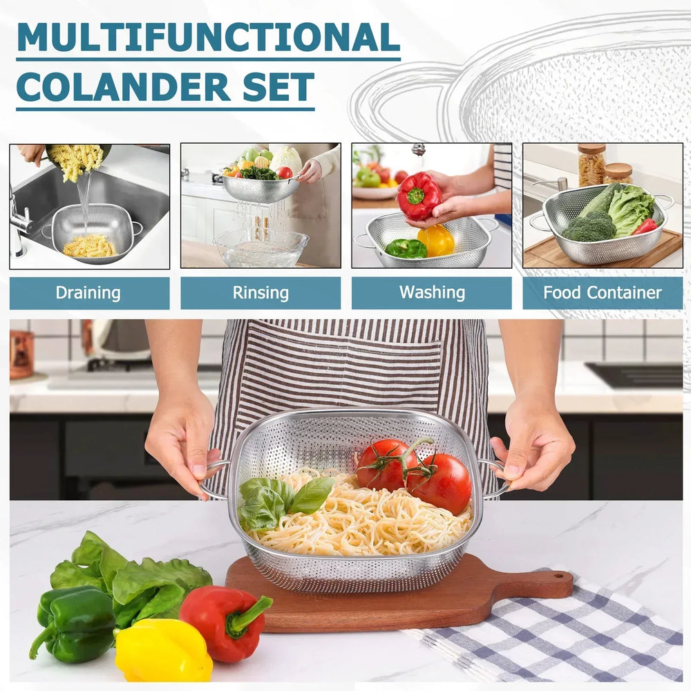 VeSteel Colander Set of 3, Stainless Steel Micro-Perforated Colanders Strainers for Draining Rinsing Washing, Ideal for Pasta Vegetables Fruits, Heavy Duty & Dishwasher Safe - USA MEGA SHOP