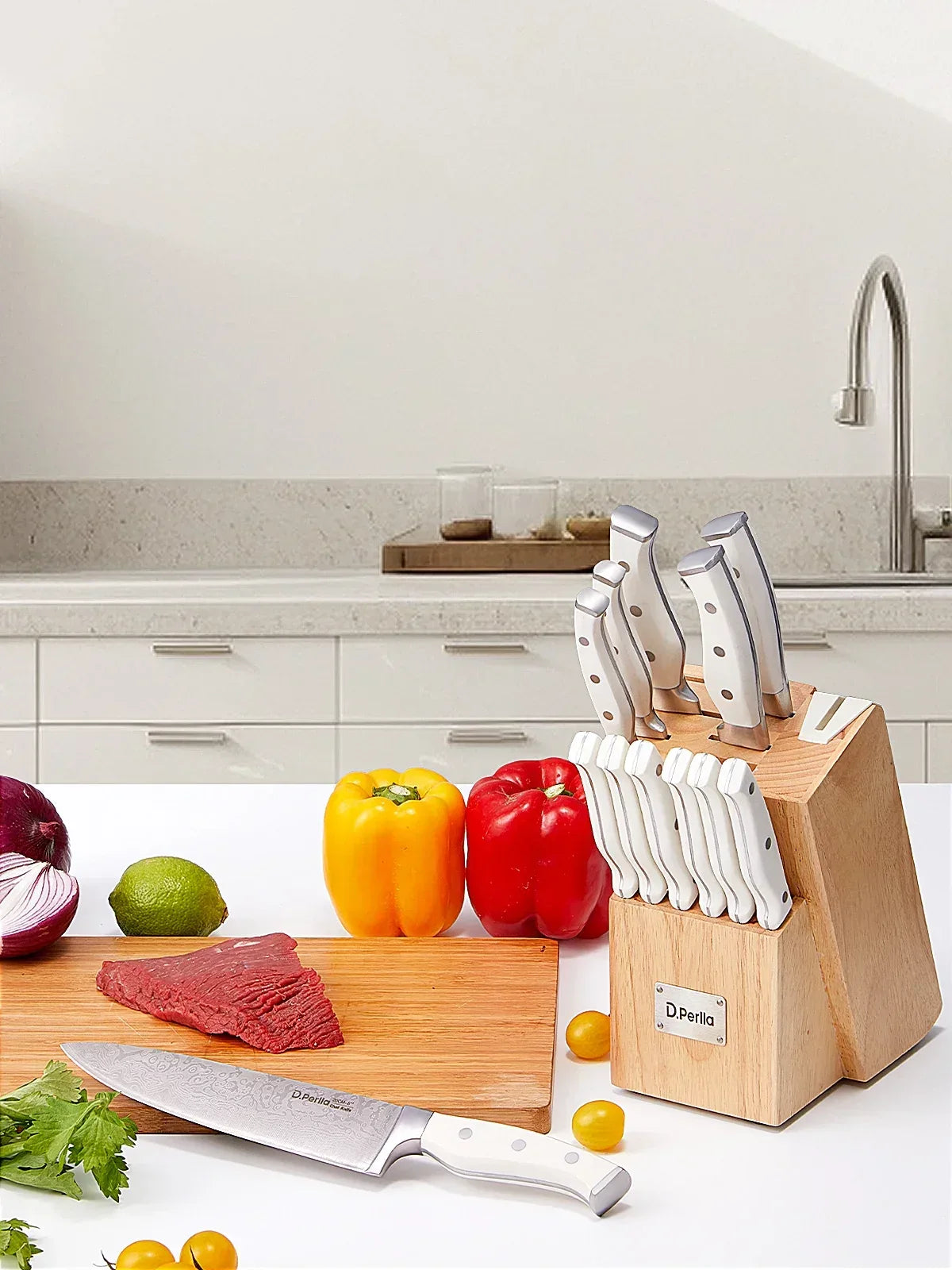D.Perlla Knife Set, 14 Pcs Kitchen Knives Set with Built-in Sharpener, Stainless Steel Knife Set with Block - USA MEGA SHOP