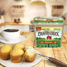 Country Crock Original family size buttery spread tub on wooden table
