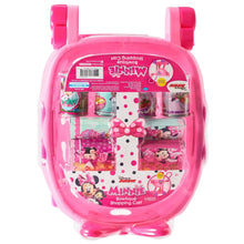 Pink toy shopping cart set box with Minnie Bowtique shopping cart graphics