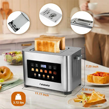 Stainless steel 2-slice toaster with touch control panel and wide slot opening