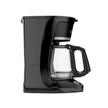 Black programmable drip coffee maker with glass carafe and front display