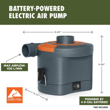 Battery-powered electric air pump with orange accents, gray body, and side power switch