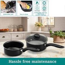 Black saucepans with glass lids and long handles on a stovetop