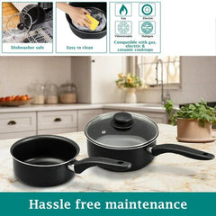 Mainstays 3 Piece Non-Stick Sauce Pans Black, 1Qt & 2Qt with Single Lid