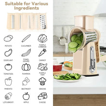 Beige rotary cheese grater with blade set and ingredient cutting guide icons