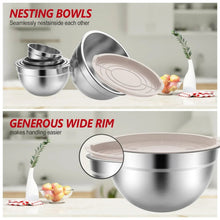 Nesting stainless steel mixing bowls with beige lids, stack shown