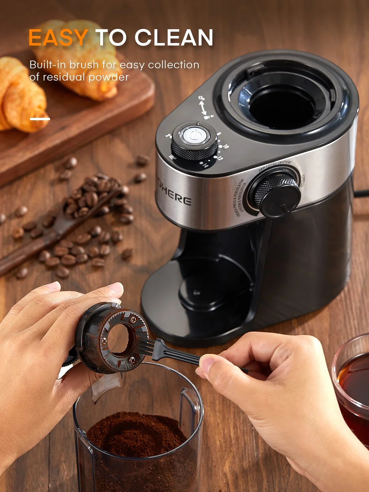 Electric Burr Coffee Grinder FOHERE, 200W Upgrade, 18 Precise Grind Settings, 2-14 Cup Adjustable, Only for Grind Coffee, Black