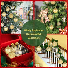 Hanging ball ornaments on trees, featuring gold glitter baubles and dark striped ball baubles
