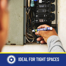 Hand applying precision pen lubricant inside an electrical panel using the white nozzle