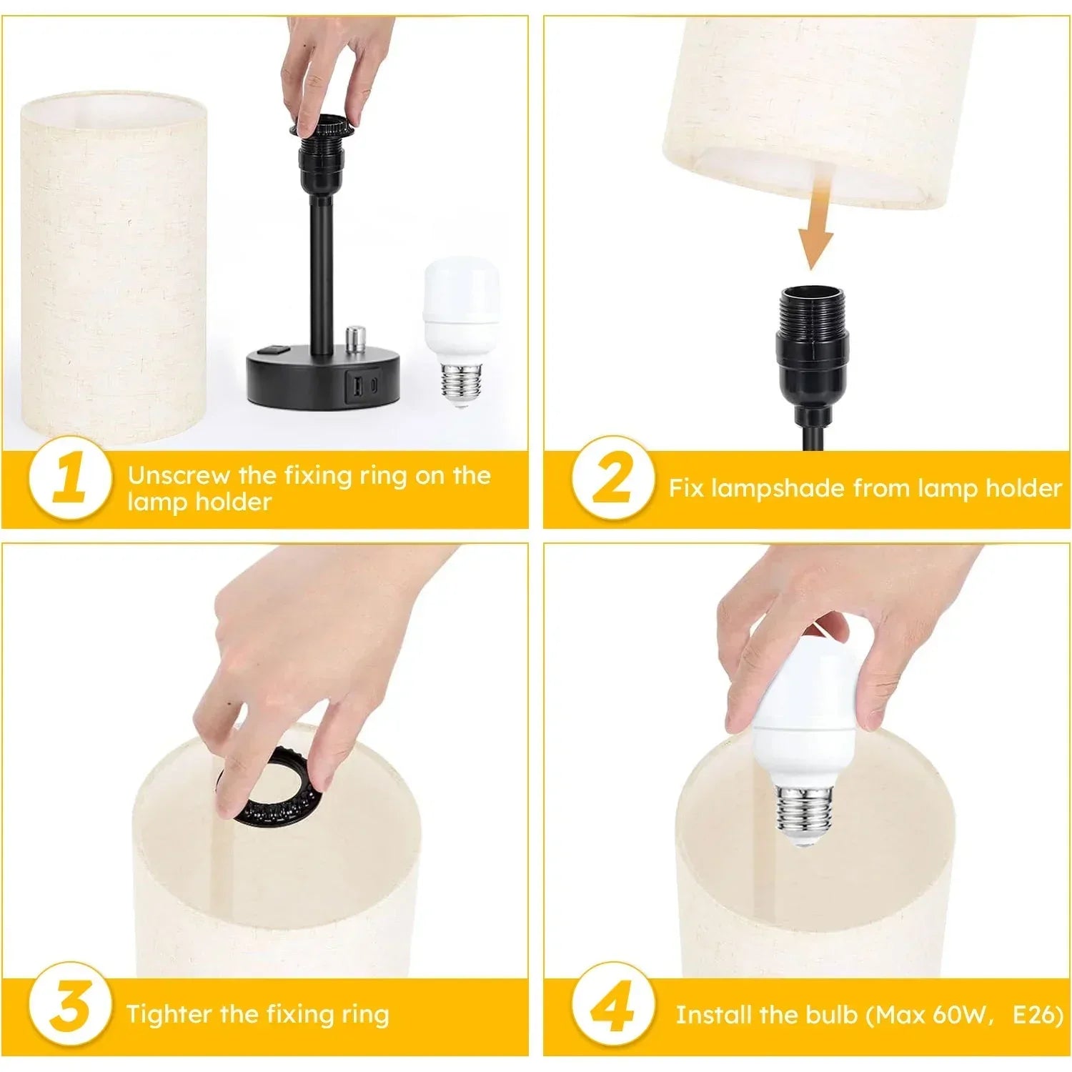 HadinEEon Bedside Table Lamp, Fully Dimmable Lamp with USB C&A Fast Charging Port, AC Outlet, Lamp with Linen Fabric Shade and Black Base for Bedroom Living Room, Office, Dorm - USA MEGA SHOP