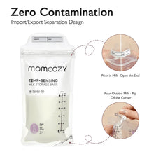 Temperature-sensing milk storage bag with measurement scale and sealed pouch
