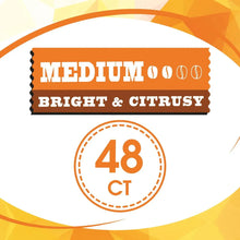 Ground coffee pod label: Medium Roast, Bright & Citrusy, 48 ct