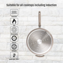 Ceramic nonstick skillet base with speckled underside and riveted handle