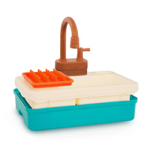 Toddler plastic sink set with brown faucet and teal base with orange drying rack