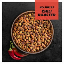 No-shell chili roasted pistachios in a bowl with chili-themed label