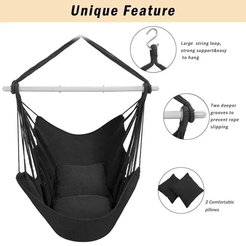 Large Hammock Chair Swing, Relax Hanging Rope Swing Chair with Detachable Metal Support Bar & Two Seat Cushions, Cotton Hammock Chair Swing Seat for Yard Bedroom Patio Porch Indoor Outdoor - USA MEGA SHOP