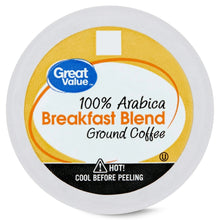 Round coffee pod label for 100% Arabica Breakfast Blend, Ground Coffee