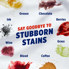 Stubborn stain-removal graphic with labeled stains like grease, ink, chocolate, and berries.
