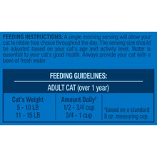 Dry cat food feeding guidelines label with adult cat serving chart and weights
