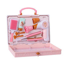 Plastic hair styling tools tote, open case with pink hairdryer, brush, combs and accessories