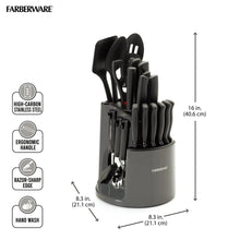 Rotating carousel knife and tool set in gray base with black-handled utensils