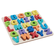 Wooden alphabet puzzle with multicolor letter blocks on a light board