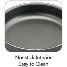 Nonstick pan interior with textured gray surface and curved sidewalls