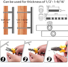 Brushed nickel cabinet pull installation guide with screws for 1/2–1-9/16 in material thickness