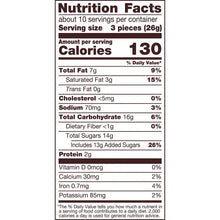 Nutrition Facts label showing 130 calories per 3-piece (26 g) serving