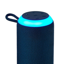 Navy Bluetooth speaker with glowing cyan top controls and side loop handle