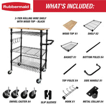 3-tier rolling utility cart parts and accessories layout with wood top and wire basket