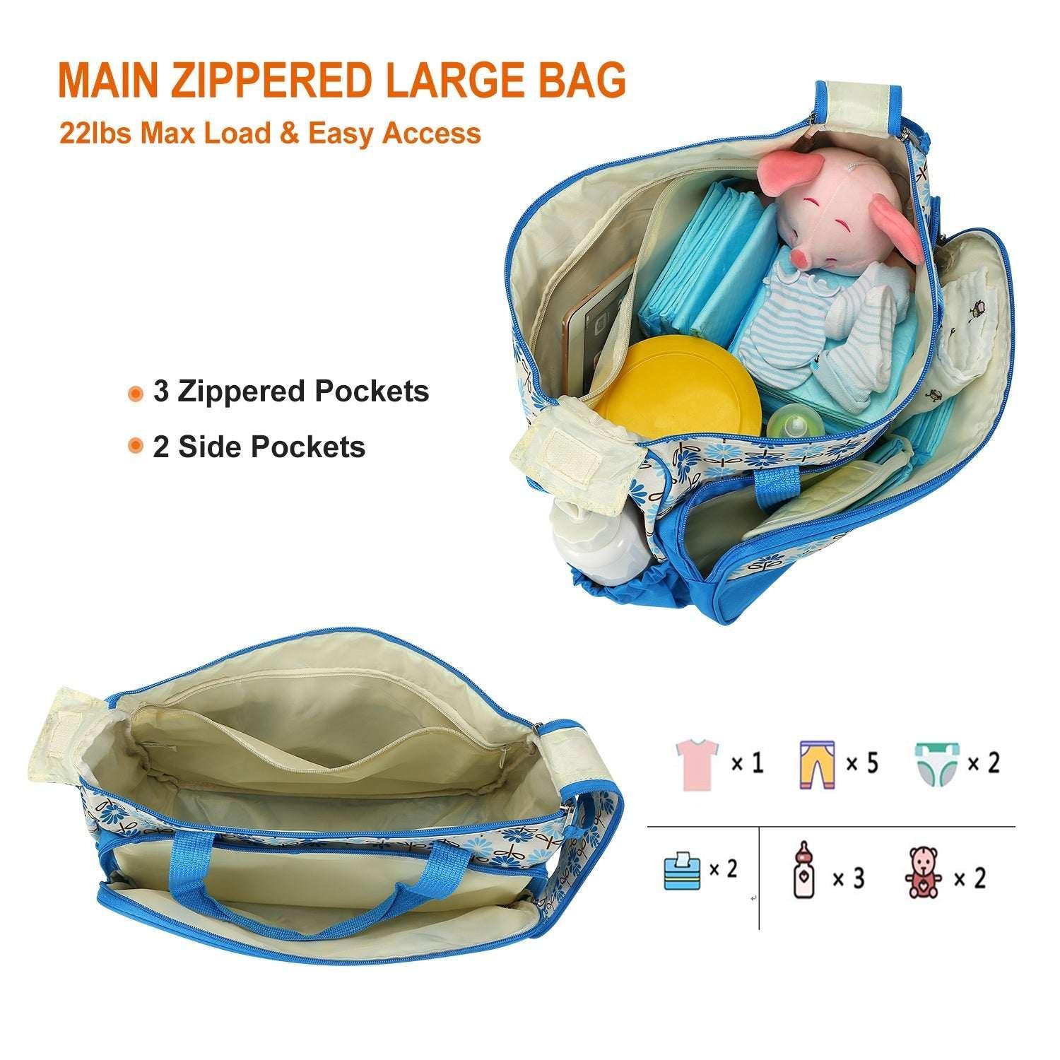 Baby Diaper Bag 5 Pcs Toddler Diaper Bag Tote Multifunction Portable Baby Bag for Boys and Girls Blue - USA MEGA SHOP