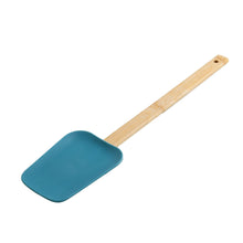 Bamboo cooking spatula with wide blue silicone head and long handle