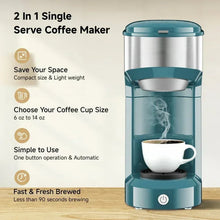 Teal single-serve 1-cup coffee maker with steel top and front brew nozzle