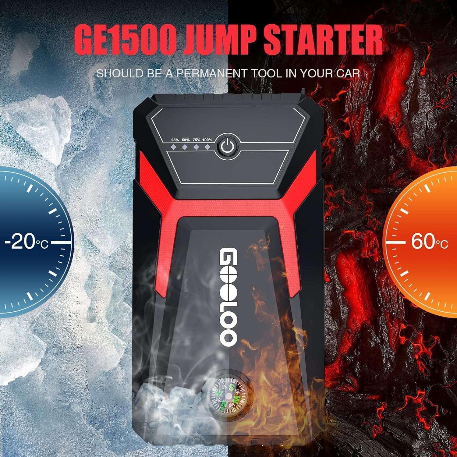 GOOLOO Car Jump Starter,1500A Peak 12V Battery Jump Box with Quick Charge Out(Up to 6.0L Gas and 4.0L Diesel Engines),GE1500 Portable Battery Booster Pack Power Bank Car Starter